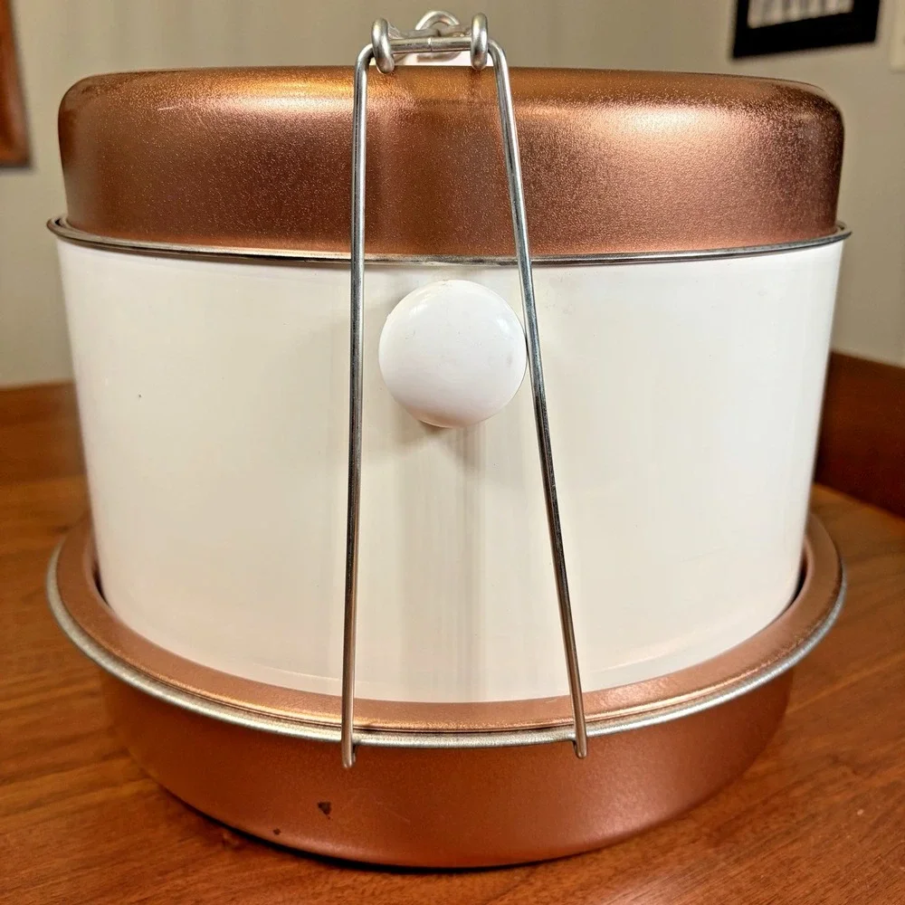 Vintage Triple Decker Food Cake Carrier 1960s 70s Mid Century Copper White